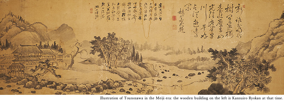 明治時代の塔ノ沢を描いた図。左側にある木造の建物が当時の環翠楼
